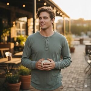 Marine Layer Men's Long Sleeve Henley Shirt Medium • Olive Green Knit Soft Blend